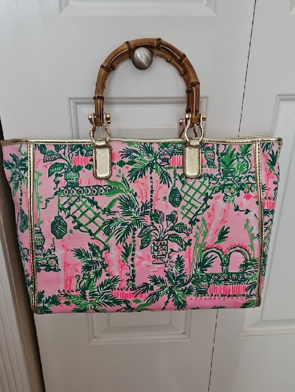 Lilly Pulitzer Pink & Green Tropical Tote with Bamboo Handles - Picture 3 of 10